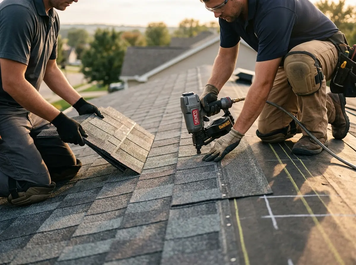 Professional roofer working on a residential roof in Eden Prairie